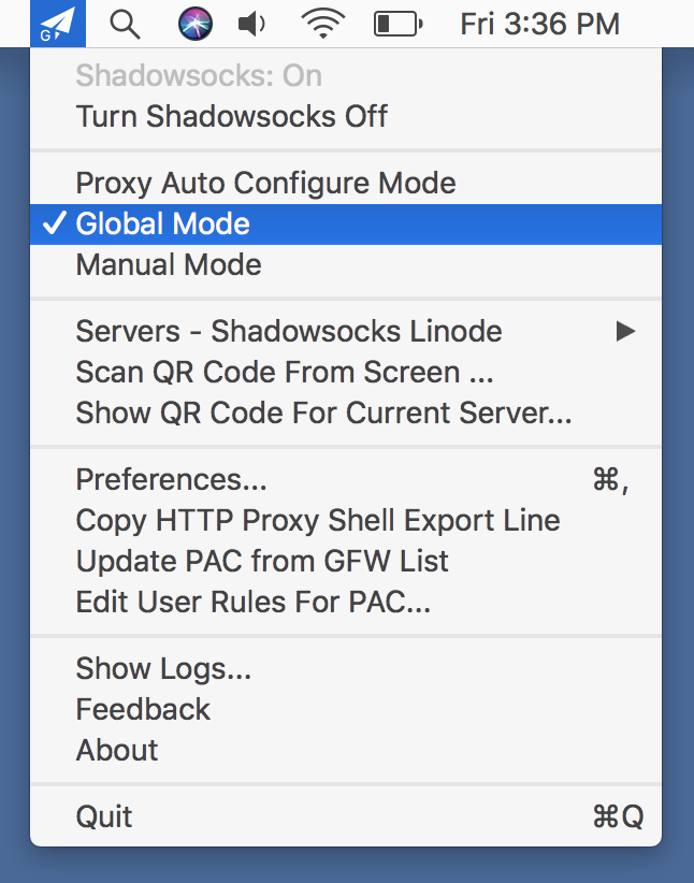 macOS Shadowsocks menu bar - Global Mode menu item