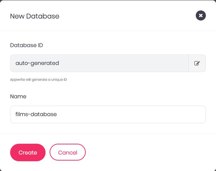 Appwrite form for creating a database