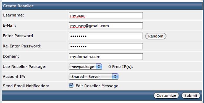 DirectAdmin Create Reseller screen.