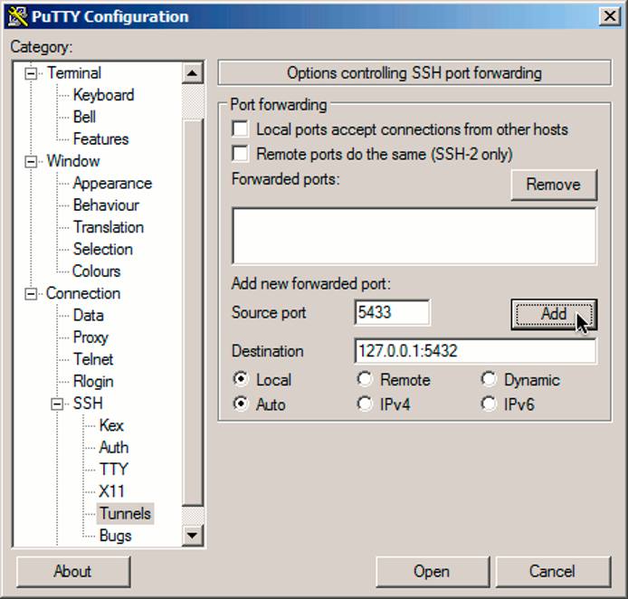 PuTTY tunnels screen on Windows 7