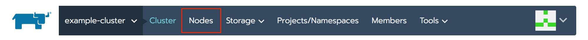 Rancher cluster navigation bar - Nodes highlighted