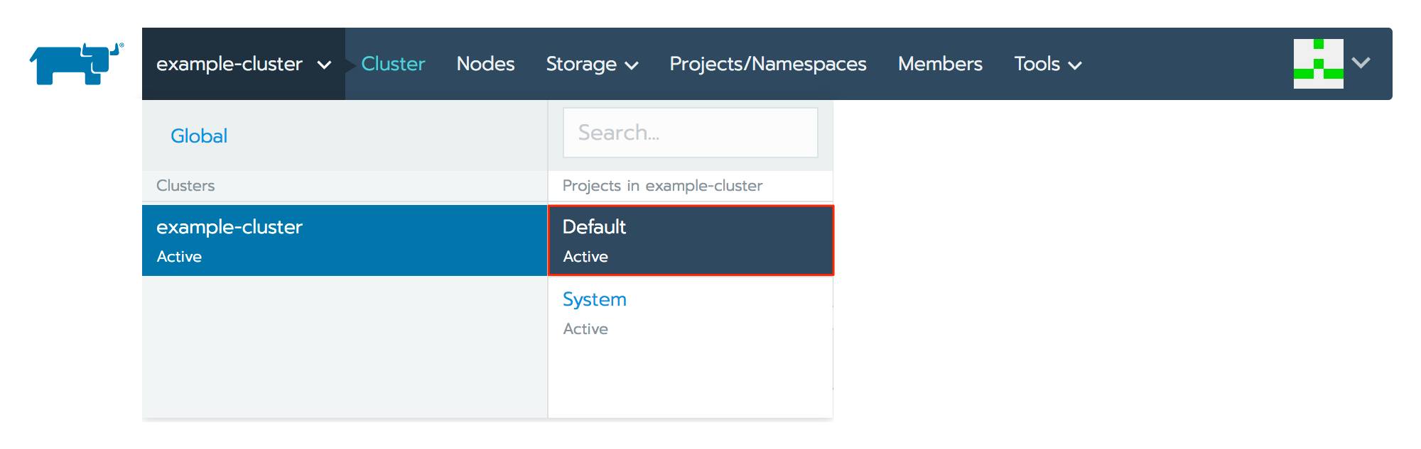 Rancher cluster selection menu - Default project highlighted