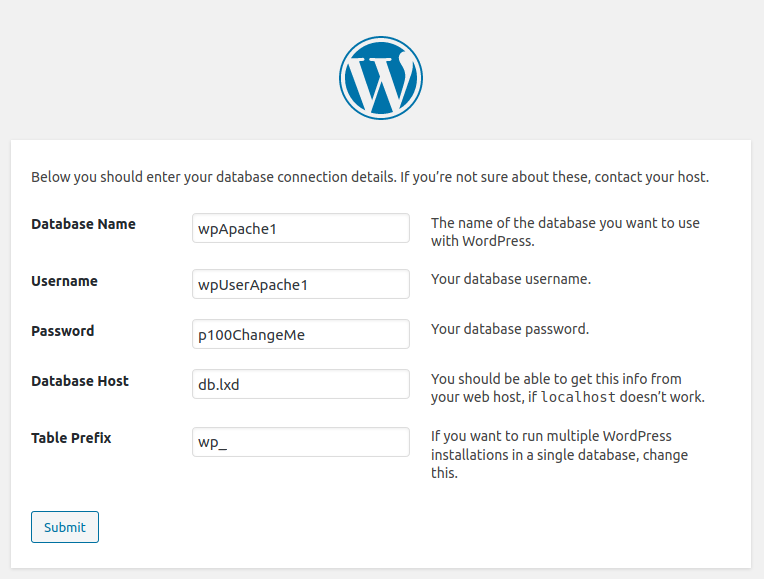 WordPress installation Wizard: Database connection details