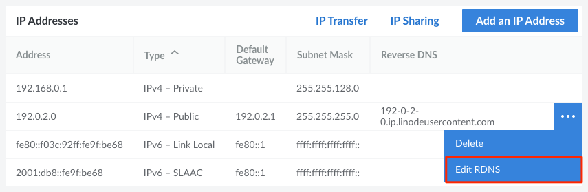 Select &lsquo;Edit RDNS&rsquo; option from the IP address menu.