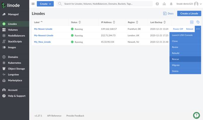 Linode Cloud Manager Linodes page - rescue option highlighted