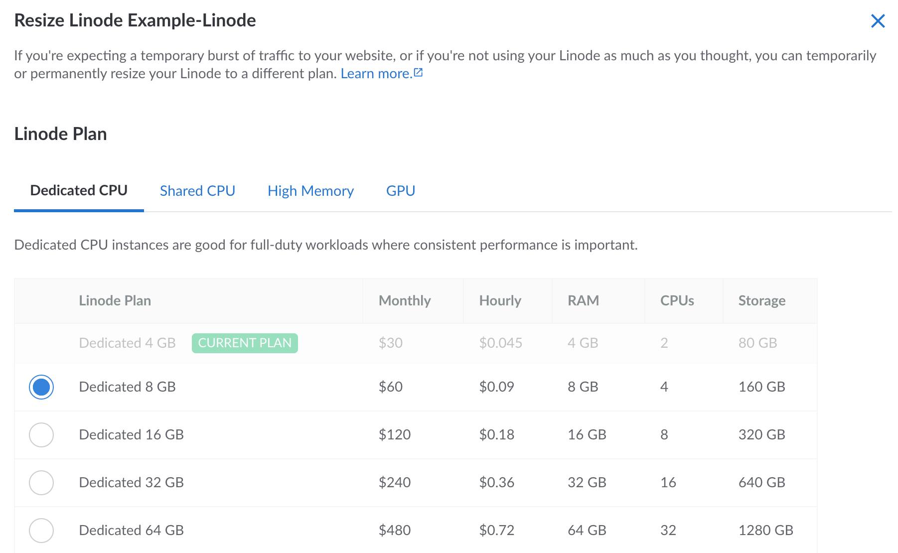 The Resize Linode panel in the Cloud Manager