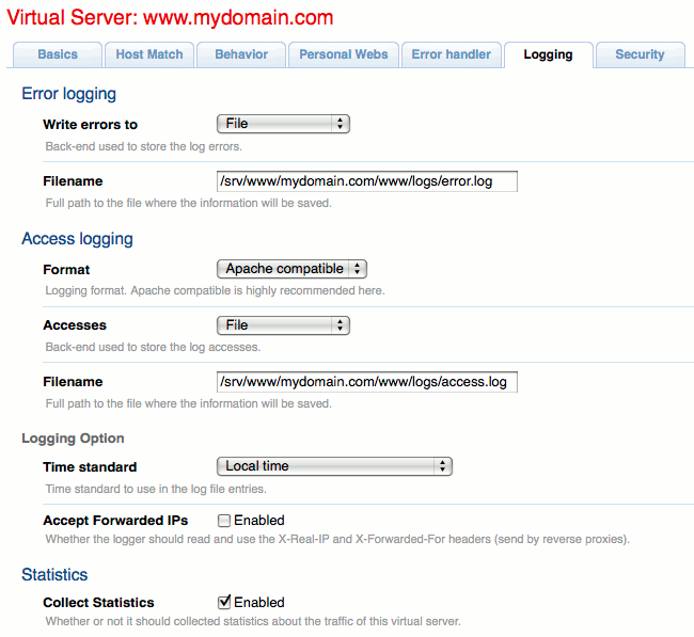 Logging configuration in Cherokee admin panel on Ubuntu 10.04 LTS