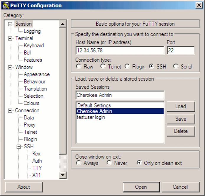 Saving an SSH session for Cherokee administration in PuTTY.