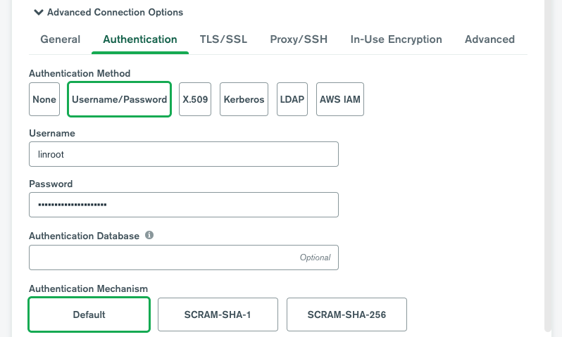 The Authentication tab in MongoDB Compass