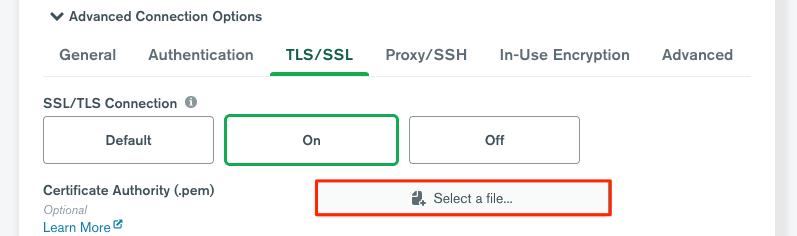 The TLS/SSL tab in MongoDB Compass